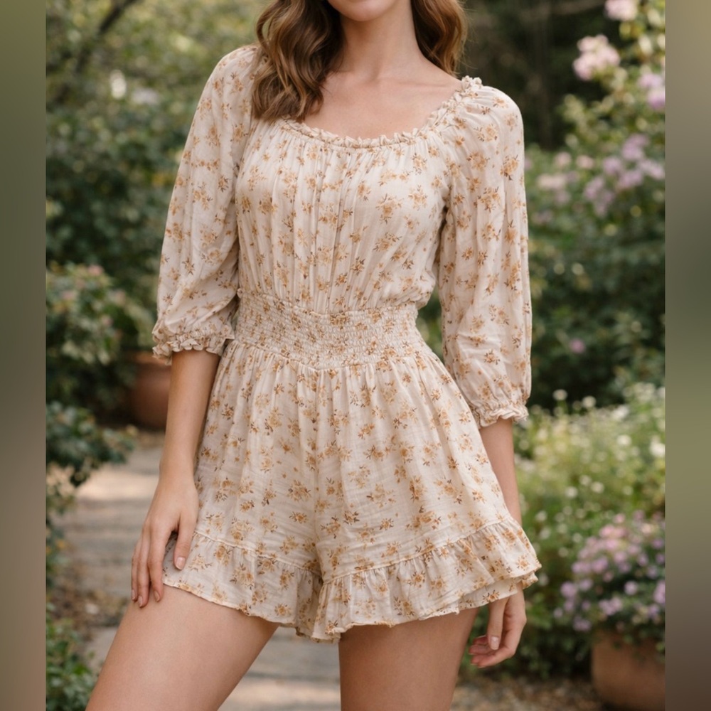 American Eagle Floral Cotton Romper XS Cottagecore Ruffle Smocked Boho